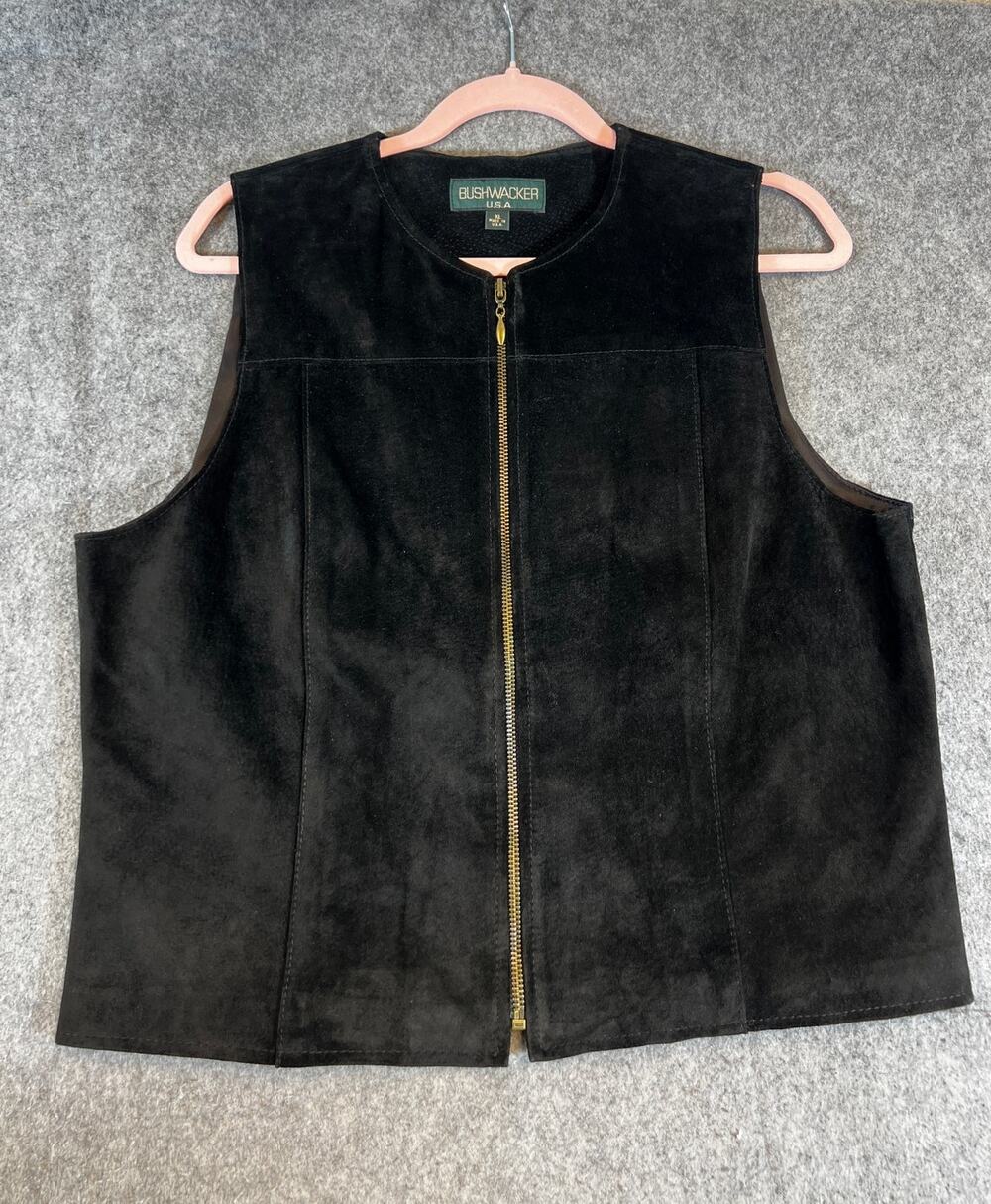 VINTAGE 90s Bushwacker USA Suede Leather Vest Womens XL Black Full Zip Jacket